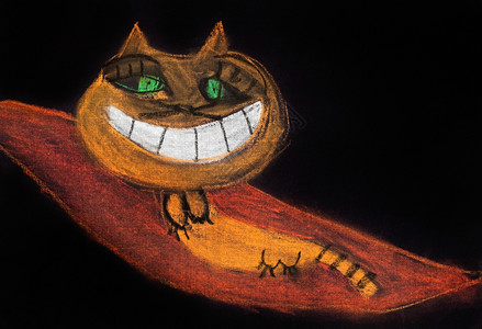 儿童画在飞地毯上微笑的猫图片