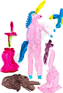 儿童画粉红独角兽和蓝鸟图片