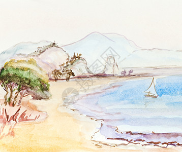 帆船沙滩山丘图片