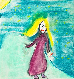 画儿童长黄色头发和红裙子的女孩在夏夜天空散步图片