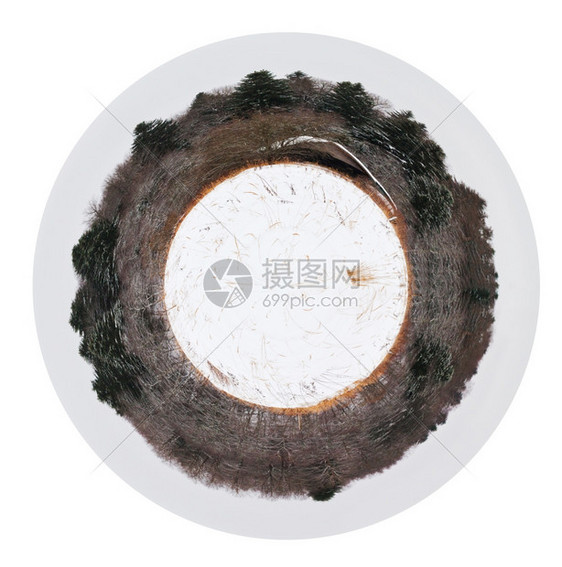 小行星雪林边缘的球形景观寒冬冷的木屋白底隔离在色背景上图片