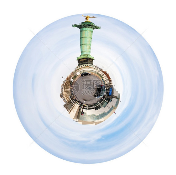 小行星巴斯蒂尔广场和歌剧院的城市球全景和巴黎7月专栏白底孤立于巴黎图片