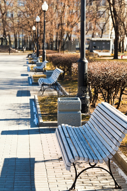 清晨春日阳光明媚的城市公园空木板凳图片