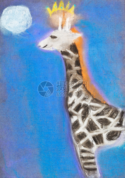 儿童绘画长颈鹿和皇冠蓝色满月夜图片