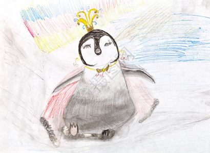 儿童画年轻企鹅在冰上戴皇冠图片