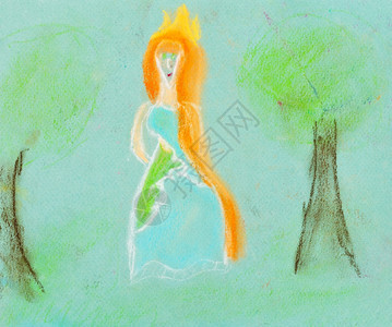 儿童画公主在绿林中行走图片