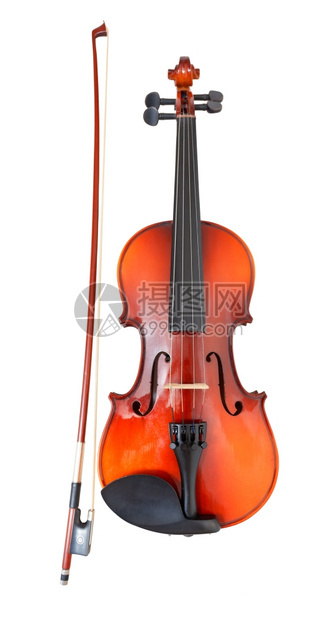 古典木小提琴有法国弓白背景被孤立图片