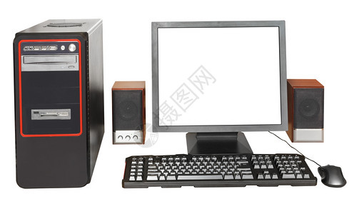 黑桌面计算机以剪切屏幕键盘鼠标白背景孤立的扬声器显示图片