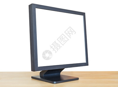 黑色显示的侧边视图在白色背景中孤立的木制表格上截断屏幕图片