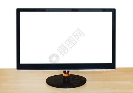 计算机黑宽屏幕显示前方视图在白色背景上孤立的木制表格上剪切屏幕图片