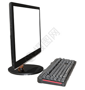 计算机黑宽屏幕显示的侧边视图屏幕被剪出键盘白背景隔开图片