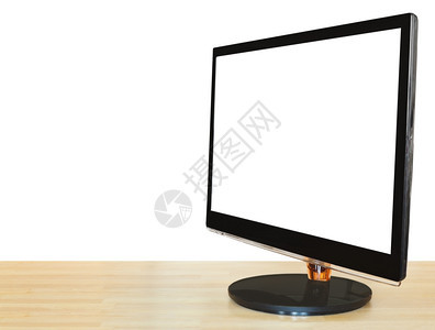 计算机黑宽屏幕显示的侧边视图在白色背景上孤立的木制表格上剪切屏幕图片