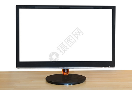 计算机黑宽屏幕显示前方视图在白色背景孤立的木桌上用剪切屏幕显示白色背景图片