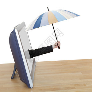 天气预报带条纹雨伞的手伸出白色背景隔离的电视屏幕图片