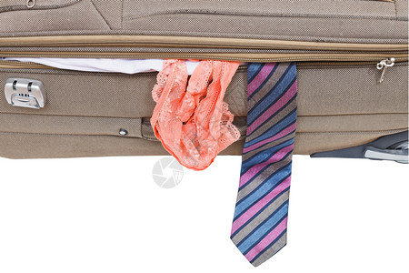白色背景孤立的手提箱中男领带和女内裤图片