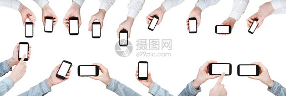 一组手持机的商人用白色背景隔离的剪掉屏幕图片