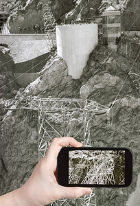 旅行概念美国胡佛大坝移动装置电线摄影旅游图片