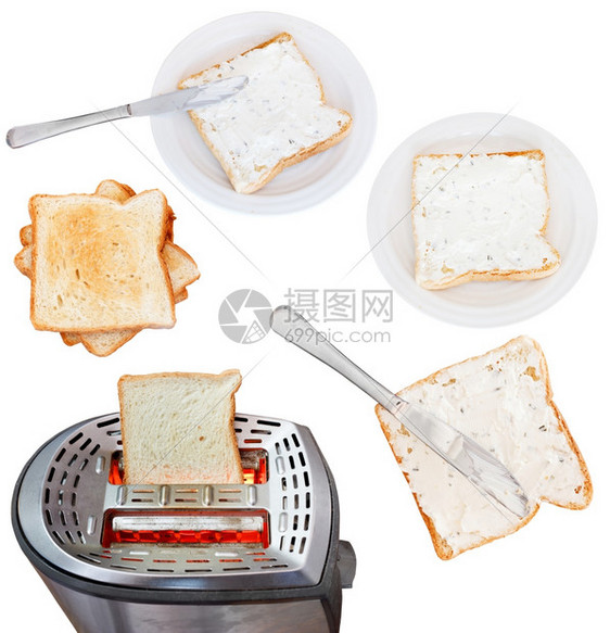 面包三明治和奶酪面包机在白色背景上隔绝图片