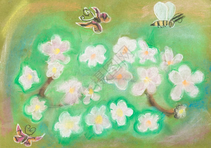 儿童画蝴蝶用干糊面在绿花草地上飞翔背景图片