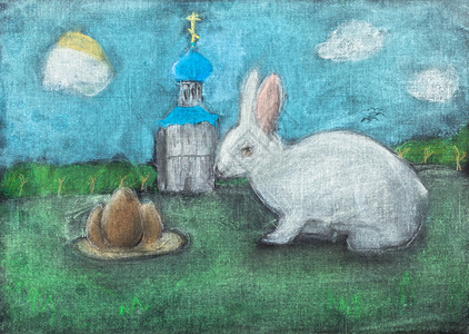 儿童画复活节符号教堂鸡蛋复活节兔子户外干糊面图片