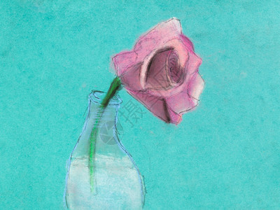 儿童画绿纸上干糊面用玻璃瓶装一朵粉红玫瑰花图片
