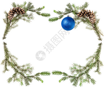 圣诞节贺卡框白底带锥形和蓝色球的fir树枝图片