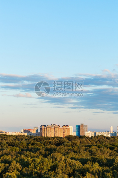 城市和绿林的青蓝天空夏夜图片