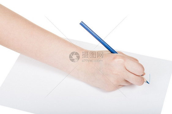 在白色背景上隔绝的纸用蓝铅笔画手图片