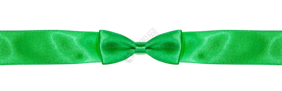 在白色背景上被孤立的窄绿色丝带上对称弓领结图片