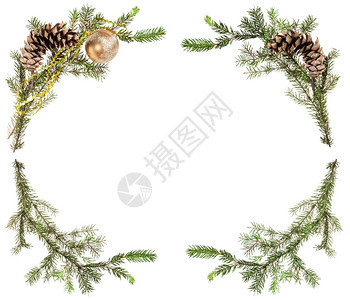 圣诞节贺卡框带锥子和白底金球的圣诞贺卡框生树枝图片