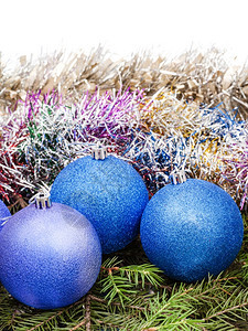 绿色树枝上的蓝紫和的圣诞装饰品白背景上隔绝的绿树枝图片