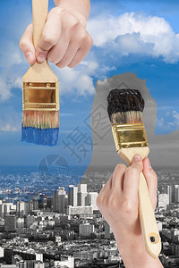 自然概念季节和天气变化手用油漆刷城市的黑色和蓝一面图片