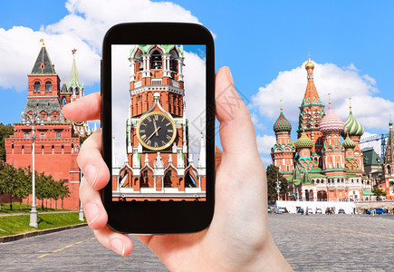旅行概念Spasskaya塔和莫斯科红广场SpasskayaTower的旅游照片克里姆林宫智能手机图片
