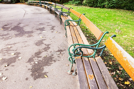 秋季上午在维也纳城市公园Stadtpark城市公园的空木板椅图片