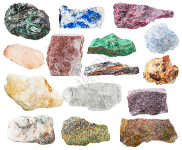 许多天然岩石和块白背景上孤立的拉苏铁铝土udialyteAlunite沙子麦片铁石静脉塞雷斯廷利特石大理宝图片