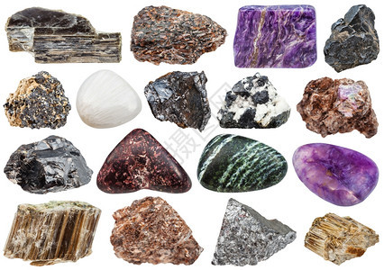 包括各种天然矿物石的一组斯蒂布尼特石棉温铬白化百草枯薄膜石立岩粘聚物氨酯氟甲醚石等图片