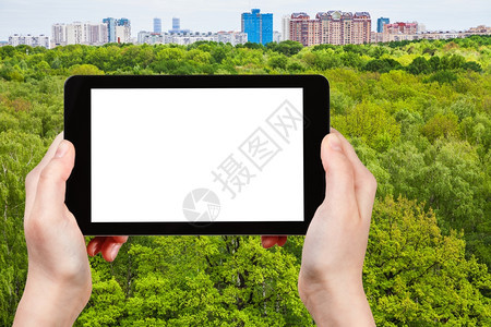 旅游摄影照片夏季森林绿树和位于平板纸上地线的城市房屋夏季森林和城市房屋的绿树用空白广告位置剪掉的屏幕图片