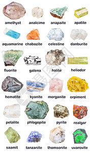 各种矿石的地质收藏其名称包括火石加莱纳乌瓦罗地查巴齐特阿帕地基扬迪塞内硫锡塞雷斯廷麻醉剂沙米特石扬赞锡等图片