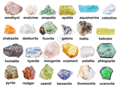 各种矿物石的地质收藏其描述有氟化石hematite石白harite石danburite石花状膏海利多尔藻红浮地壳等图片