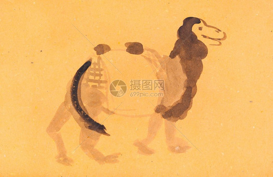 使用水彩漆色涂料进行神博库加风格的培训黄色纸上骆驼草图图片