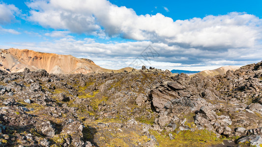 冰岛之旅9月冰岛高原地区Fjallabak自然保护区Laugar地区陆上Laugahraun火山熔岩场全景图片