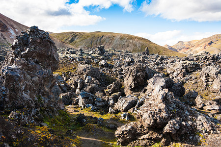冰岛之旅9月冰岛高原地区Fjallabak自然保护区Laugar地区Laugahraun熔岩区山坡附近的岩石图片