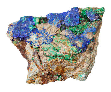 自然矿物岩石标本的大型俄罗斯乌拉尔山的白色背景孤立于俄罗斯乌拉尔山的原石上蓝色Azurite和绿色Malachite图片