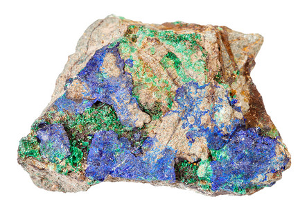 自然矿物岩石标本的宏观蓝色Azurite和绿色Malachite以来自俄罗斯乌拉尔山的白色背景孤立于俄罗斯乌拉尔山的石块上图片