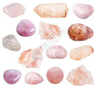收集的自然矿物样本各种玫瑰Quartz宝石在白色背景上分离图片
