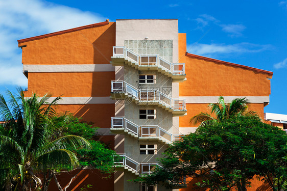 有棕榈树的新橙色旅馆图片