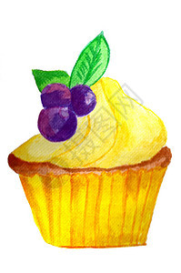 手画水彩花红柠檬蛋糕在烘烤纸上加蓝莓图片