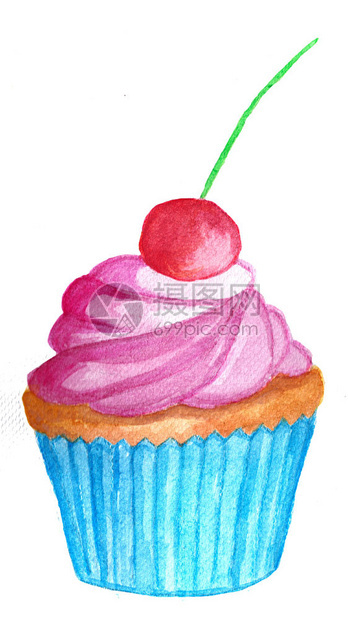 手画水彩紫蛋糕和樱桃图片