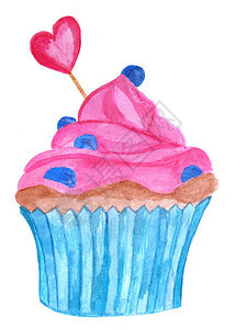 手画水彩情人杯蛋糕烤纸上有蓝浆果图片