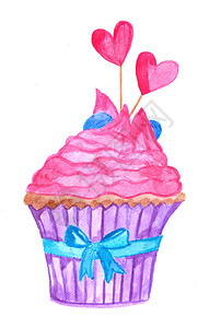 手画水彩粉红情人蛋糕配有心胸装饰和烤纸丝带图片